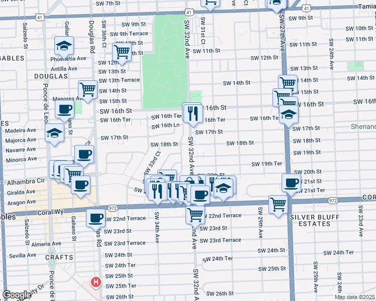 map of restaurants, bars, coffee shops, grocery stores, and more near 3201 Southwest 18th Street in Miami