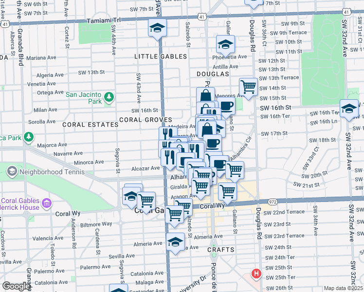 map of restaurants, bars, coffee shops, grocery stores, and more near 328 Majorca Avenue in Coral Gables