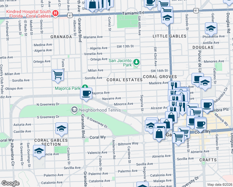 map of restaurants, bars, coffee shops, grocery stores, and more near 744 Madeira Avenue in Coral Gables