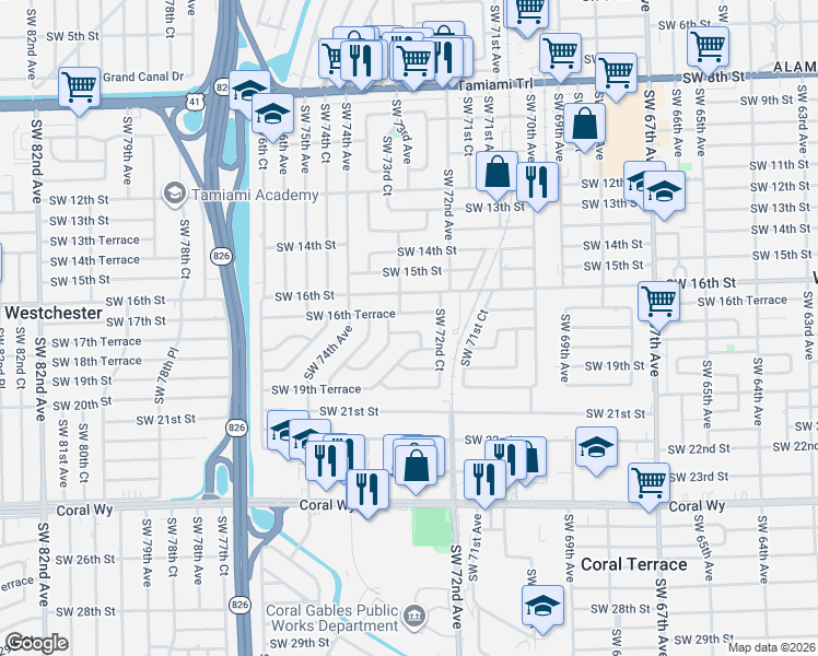 map of restaurants, bars, coffee shops, grocery stores, and more near 7261 Southwest 16th Terrace in Miami