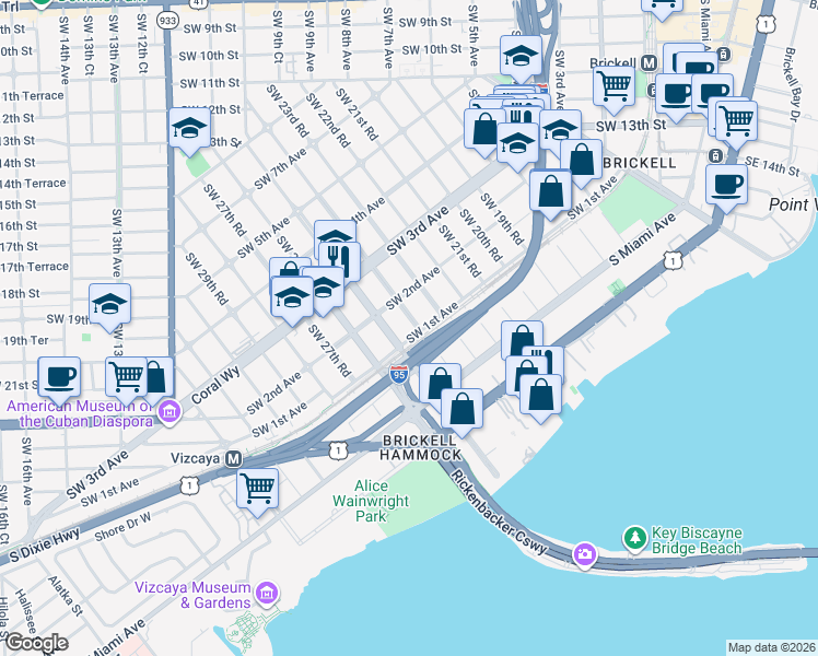 map of restaurants, bars, coffee shops, grocery stores, and more near in Miami