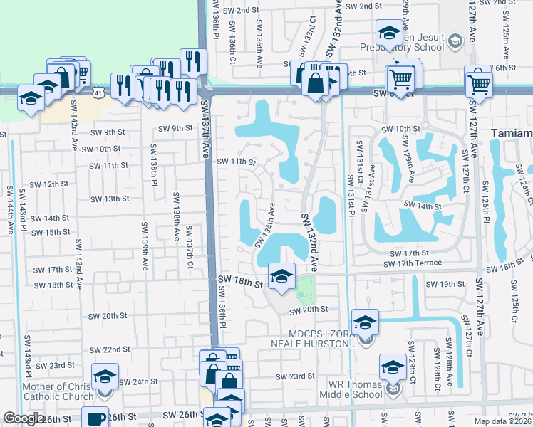 map of restaurants, bars, coffee shops, grocery stores, and more near 13436 Southwest 13th Lane in Miami