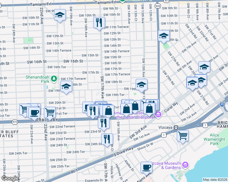 map of restaurants, bars, coffee shops, grocery stores, and more near 1831 Southwest 16th Avenue in Miami