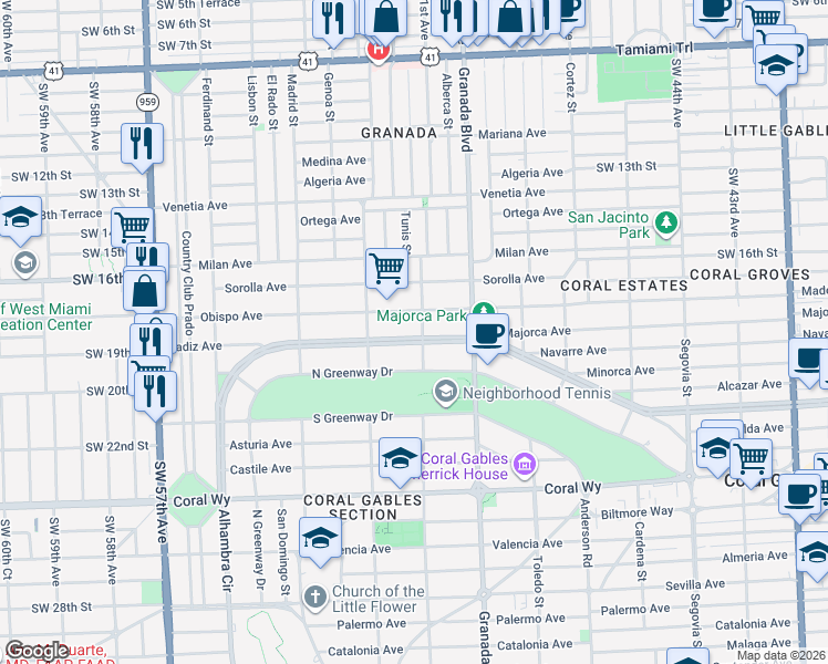 map of restaurants, bars, coffee shops, grocery stores, and more near 1107 Alhambra Circle in Coral Gables