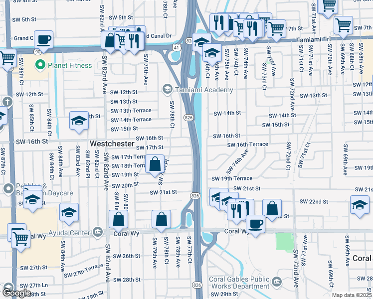 map of restaurants, bars, coffee shops, grocery stores, and more near 7710 Southwest 16th Street in Miami