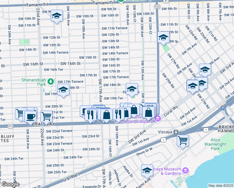 map of restaurants, bars, coffee shops, grocery stores, and more near 1831 Southwest 16th Avenue in Miami