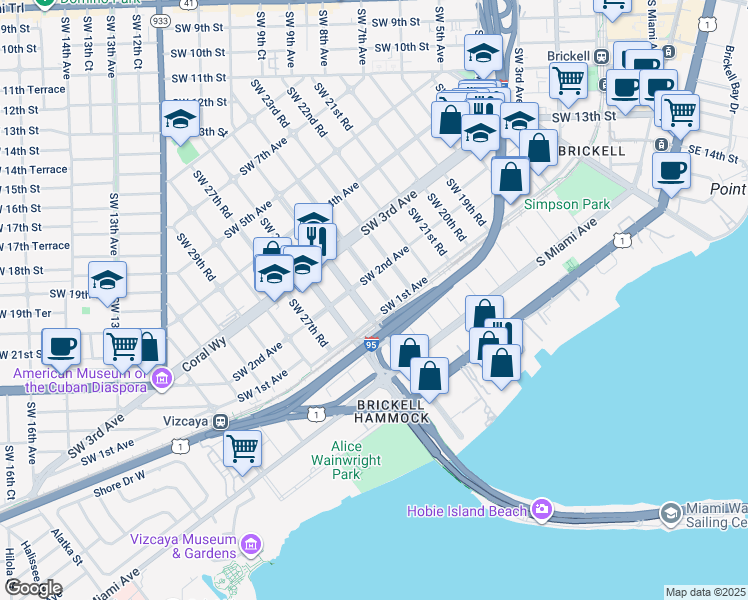 map of restaurants, bars, coffee shops, grocery stores, and more near in Miami