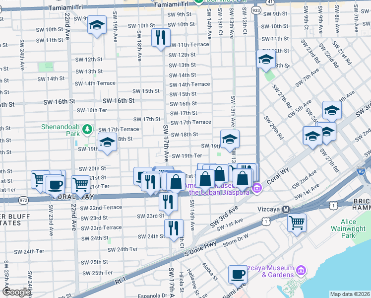 map of restaurants, bars, coffee shops, grocery stores, and more near 1831 Southwest 16th Avenue in Miami