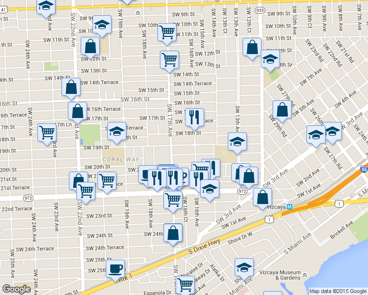map of restaurants, bars, coffee shops, grocery stores, and more near 1663 Southwest 19th Street in Miami