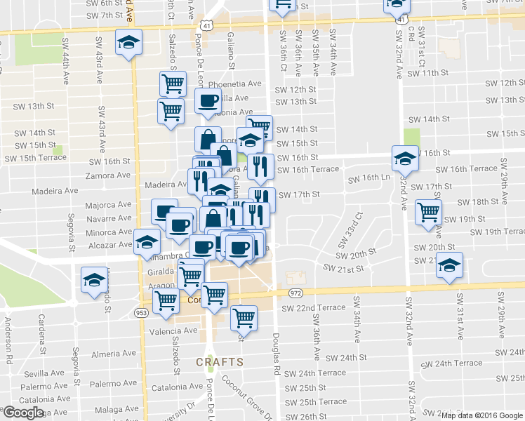 map of restaurants, bars, coffee shops, grocery stores, and more near 28 Majorca Avenue in Coral Gables