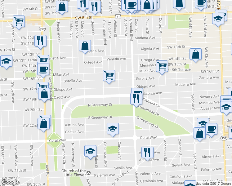 map of restaurants, bars, coffee shops, grocery stores, and more near 1801 Cordova Street in Coral Gables