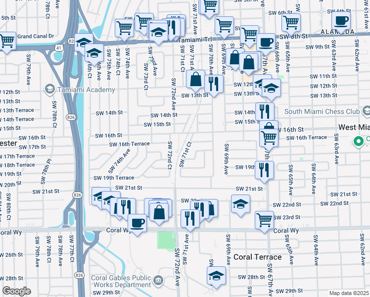 map of restaurants, bars, coffee shops, grocery stores, and more near 1630 Southwest 71st Place in Miami