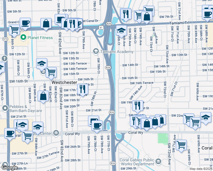 map of restaurants, bars, coffee shops, grocery stores, and more near 7710 Southwest 16th Street in Miami