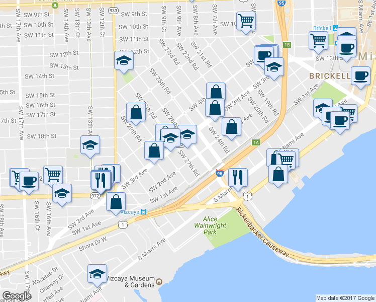 map of restaurants, bars, coffee shops, grocery stores, and more near 200 Southwest 26th Road in Miami