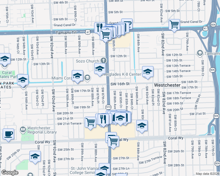 map of restaurants, bars, coffee shops, grocery stores, and more near 1575 Southwest 87th Avenue in Miami