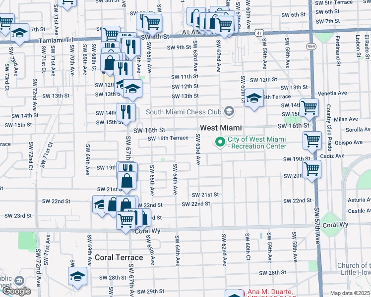 map of restaurants, bars, coffee shops, grocery stores, and more near 6310 Southwest 16th Terrace in Miami