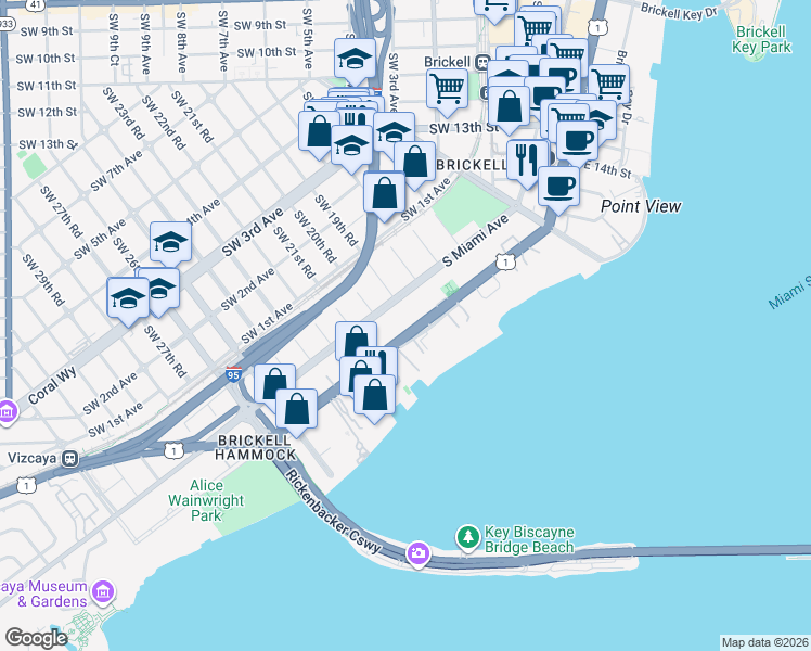 map of restaurants, bars, coffee shops, grocery stores, and more near 1915 South Miami Avenue in Miami