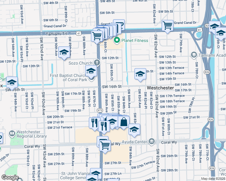 map of restaurants, bars, coffee shops, grocery stores, and more near 8521 Southwest 16th Street in Miami