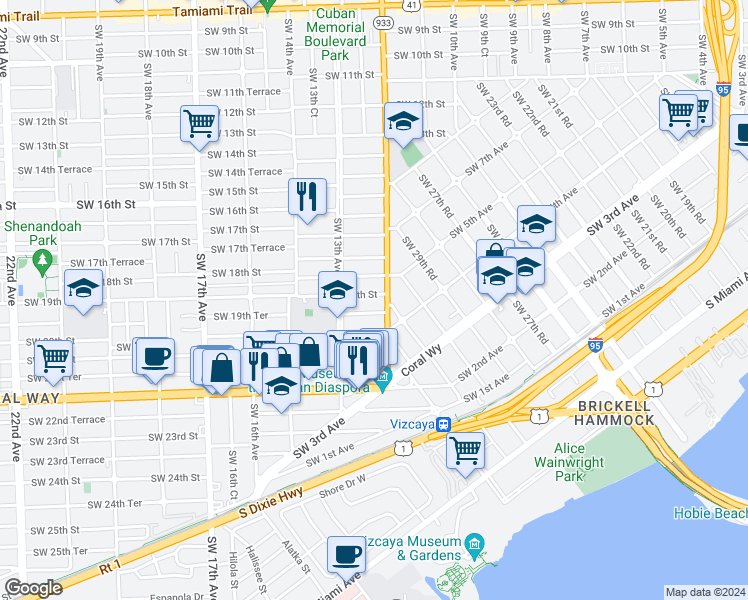 map of restaurants, bars, coffee shops, grocery stores, and more near 1226 Southwest 19th Street in Miami