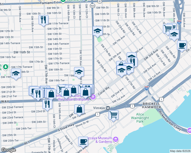map of restaurants, bars, coffee shops, grocery stores, and more near 1825 Southwest 12th Avenue in Miami