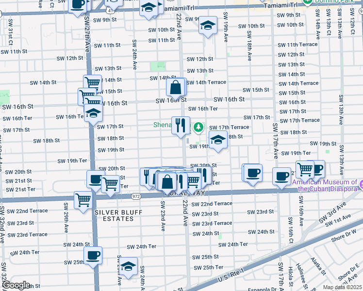 map of restaurants, bars, coffee shops, grocery stores, and more near 1805 Southwest 22nd Avenue in Miami