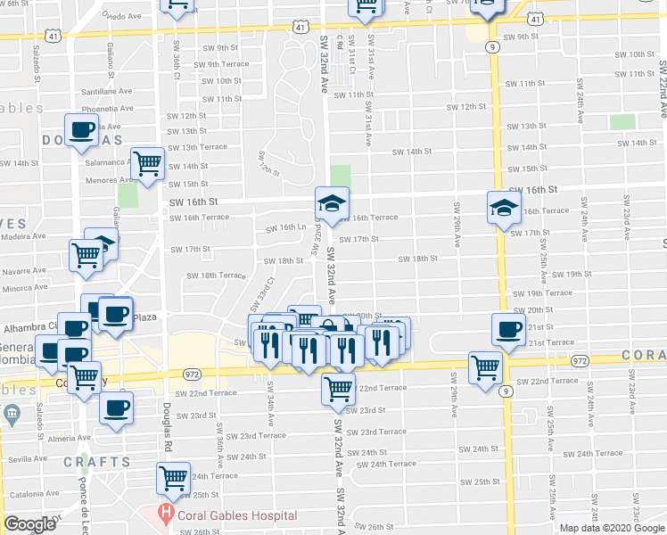 map of restaurants, bars, coffee shops, grocery stores, and more near 3201 Southwest 18th Street in Miami