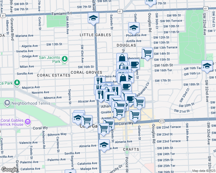 map of restaurants, bars, coffee shops, grocery stores, and more near 328 Majorca Avenue in Coral Gables