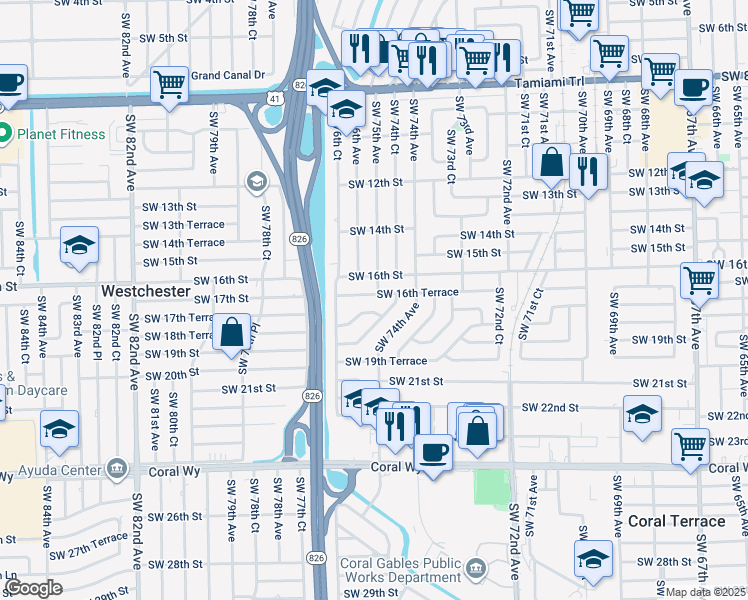 map of restaurants, bars, coffee shops, grocery stores, and more near 7501 Southwest 16th Terrace in Miami