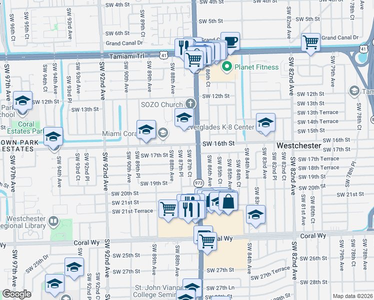 map of restaurants, bars, coffee shops, grocery stores, and more near 8755 Southwest 16th Street in Miami