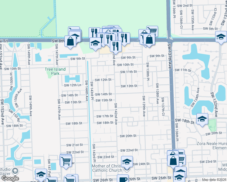 map of restaurants, bars, coffee shops, grocery stores, and more near 1290 Southwest 142nd Court in Miami