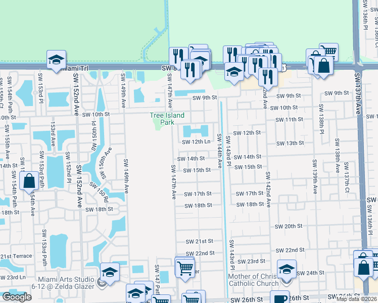 map of restaurants, bars, coffee shops, grocery stores, and more near 14602 Southwest 12th Lane in Miami