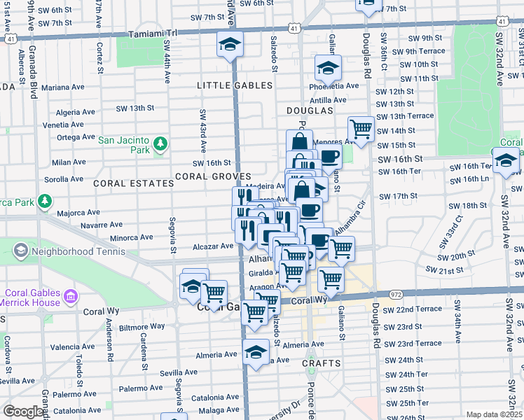 map of restaurants, bars, coffee shops, grocery stores, and more near 328 Majorca Avenue in Coral Gables