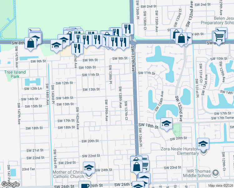 map of restaurants, bars, coffee shops, grocery stores, and more near 13842 Southwest 13th Street in Miami