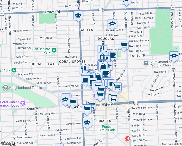 map of restaurants, bars, coffee shops, grocery stores, and more near 238 Majorca Avenue in Coral Gables