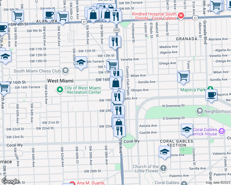 map of restaurants, bars, coffee shops, grocery stores, and more near 1725 Red Road in Miami