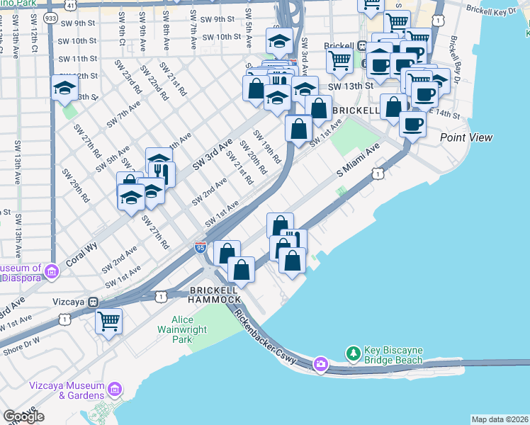 map of restaurants, bars, coffee shops, grocery stores, and more near 51 Southwest 22nd Road in Miami