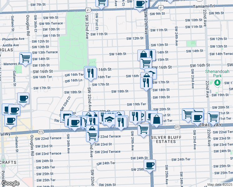 map of restaurants, bars, coffee shops, grocery stores, and more near 3001 Southwest 18th Street in Miami