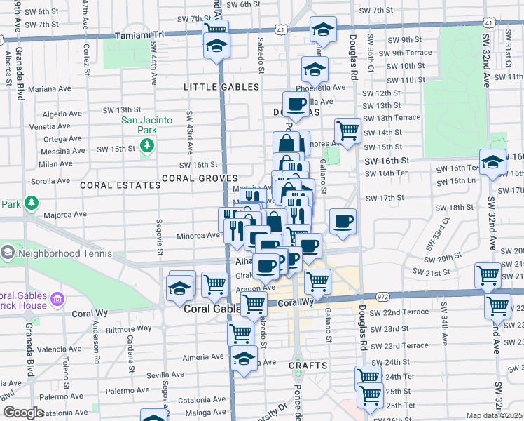 map of restaurants, bars, coffee shops, grocery stores, and more near 238 Majorca Avenue in Coral Gables