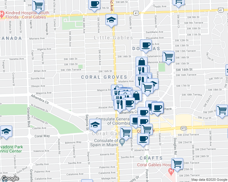 map of restaurants, bars, coffee shops, grocery stores, and more near 411 Majorca Avenue in Coral Gables