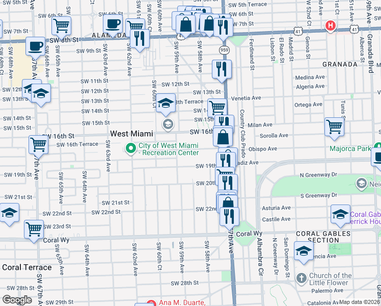 map of restaurants, bars, coffee shops, grocery stores, and more near 5839 Southwest 17th Street in Miami