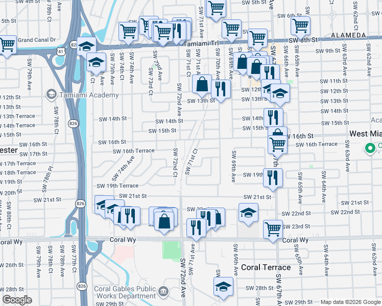 map of restaurants, bars, coffee shops, grocery stores, and more near 1630 Southwest 71st Place in Miami