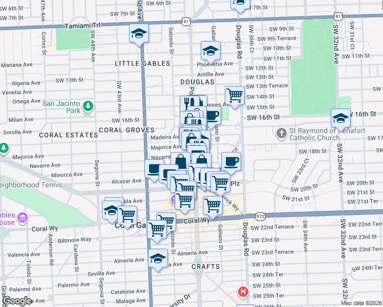 map of restaurants, bars, coffee shops, grocery stores, and more near 200 Majorca Avenue in Coral Gables