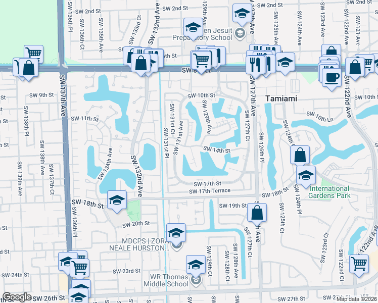 map of restaurants, bars, coffee shops, grocery stores, and more near 1401 Southwest 129th Court in Miami