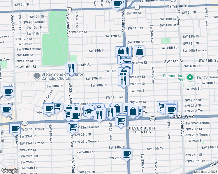 map of restaurants, bars, coffee shops, grocery stores, and more near 2911 Southwest 18th Street in Miami