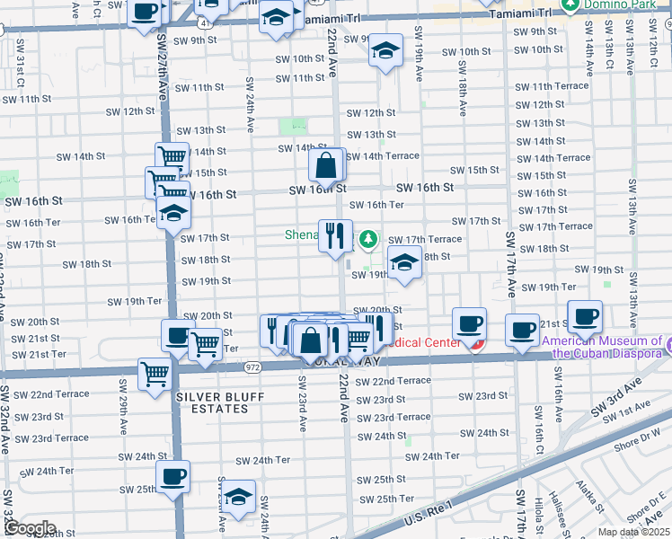 map of restaurants, bars, coffee shops, grocery stores, and more near 1805 Southwest 22nd Avenue in Miami