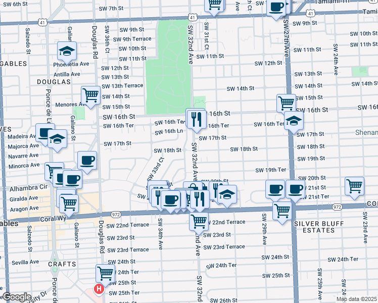 map of restaurants, bars, coffee shops, grocery stores, and more near 3201 Southwest 18th Street in Miami
