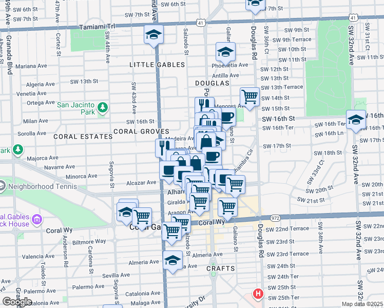 map of restaurants, bars, coffee shops, grocery stores, and more near 238 Majorca Avenue in Coral Gables