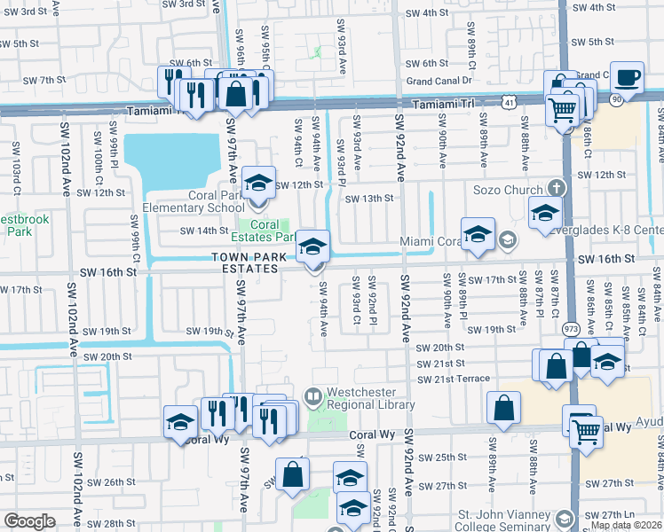 map of restaurants, bars, coffee shops, grocery stores, and more near 9361 Southwest 16th Street in Miami