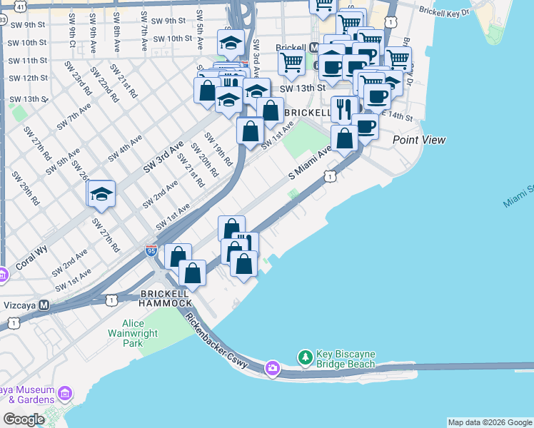 map of restaurants, bars, coffee shops, grocery stores, and more near 1900 Brickell Avenue in Miami