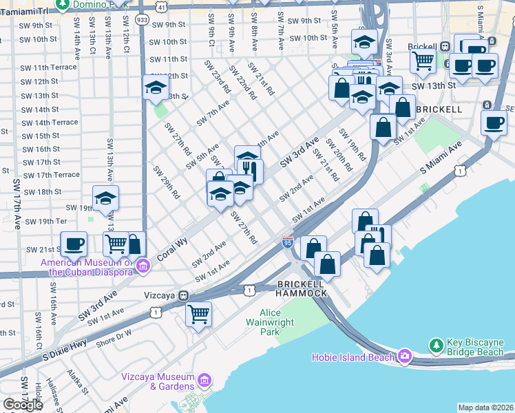 map of restaurants, bars, coffee shops, grocery stores, and more near 200 Southwest 25th Road in Miami